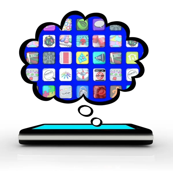 スマート フォンのアプリケーション ソフトウェアのことを考えて思考雲 — ストック写真