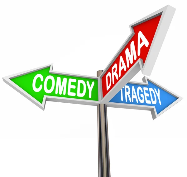 Comedy Drama Tragedy - 3 Colorful Arrow Signs Theatre — Stock Photo, Image