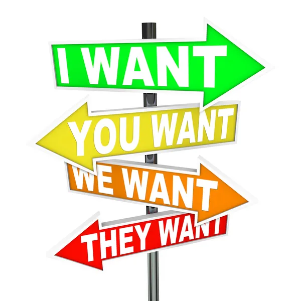 Min vill ha och behöver vs din - egoistiska önskningar på skyltar — Stockfoto