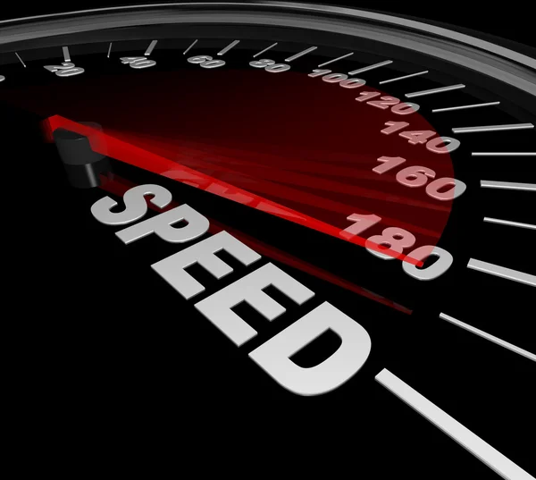 Palavra de velocidade no velocímetro ganhar corrida Seja rápido e rápido — Fotografia de Stock