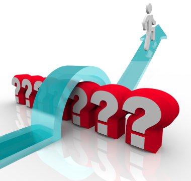 Jumping Over Question Marks Curious Man Finds Answers clipart