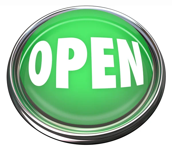 Открыть Круглая зеленая кнопка Открытие бизнеса или нажмите, чтобы начать — стоковое фото