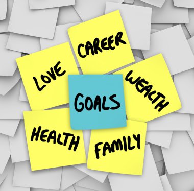 Goals on Sticky Notes Health Wealth Career Love clipart
