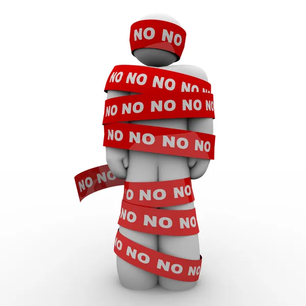 No Word Man Wrapped in Red Tape Denied Rejection — Stock Photo, Image