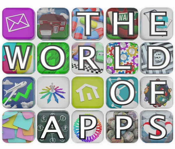 Die Welt der Apps Anwendungskacheln buchstabieren Wörter — Stockfoto