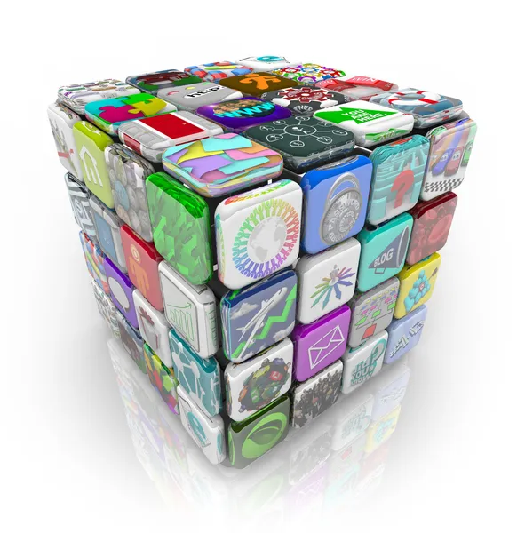 Aplicaciones Cubo de aplicaciones Software Azulejos —  Fotos de Stock