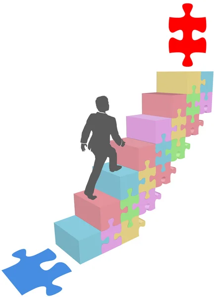 Business man climb up puzzle steps — Stock Vector