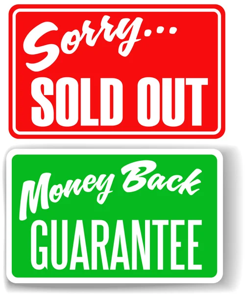 Garantía de devolución de dinero Sorry Sold Out letreros de tienda — Archivo Imágenes Vectoriales