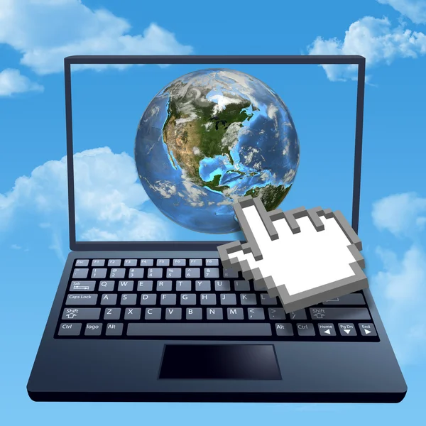 Cursor hand clicks internet cloud world — Stock Photo, Image