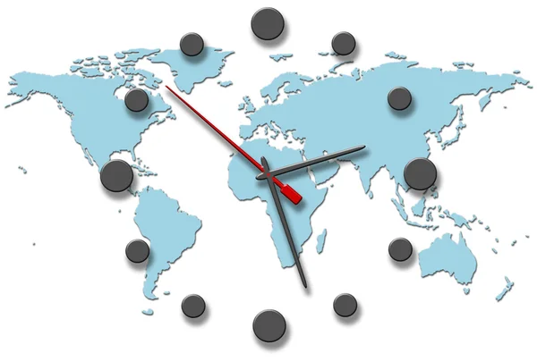 Earth Time clock hands on world map — Stock Photo, Image