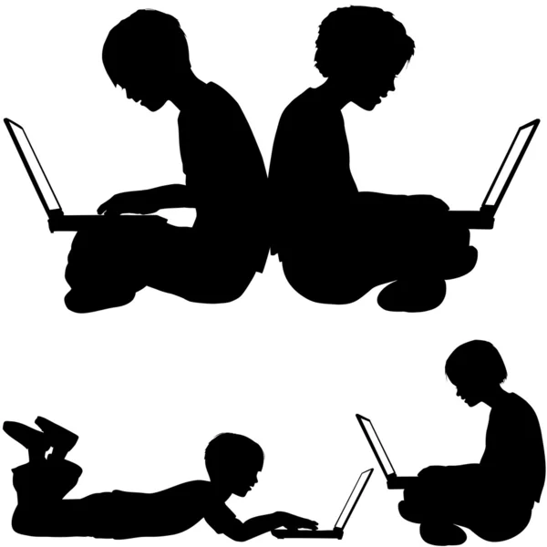 Irl y el niño usan computadoras portátiles sentadas o tumbadas en el suelo — Vector de stock