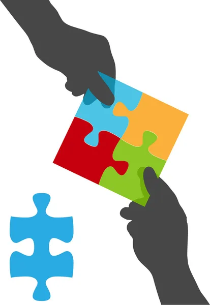 Hands team collaboration puzzle solution — Stock Vector