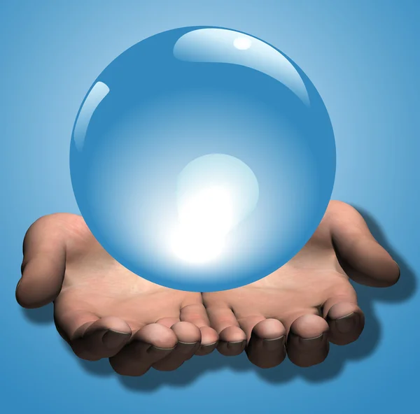 Glänzend blaue Kristallkugel in 3D-Händen Illustration — Stockfoto