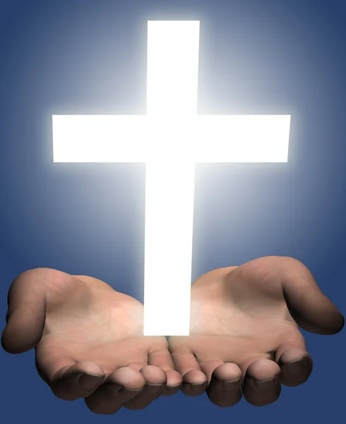 Las manos sostienen una brillante cruz blanca — Foto de Stock