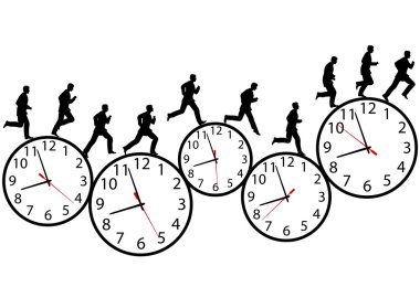 Businessman in a hurry runs on time clocks clipart