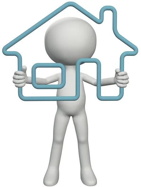 Home owner person holding up 3D outline house — Stock Photo, Image