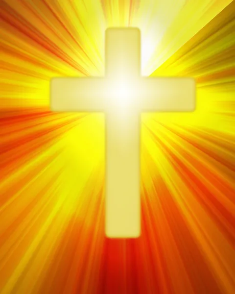 Simbolul crucii galbene radiante pe raze luminoase — Fotografie, imagine de stoc