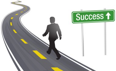 Business man walk road sign to Success clipart