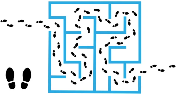 Empreintes trouver une solution à travers le labyrinthe puzzle — Image vectorielle
