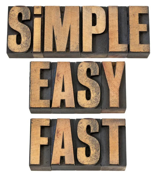 Simple, easy and fast in wood type — Stock Photo, Image