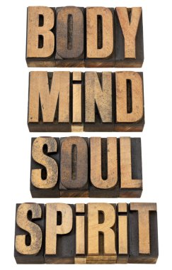 Body, mind, soull and spirit in wood type clipart