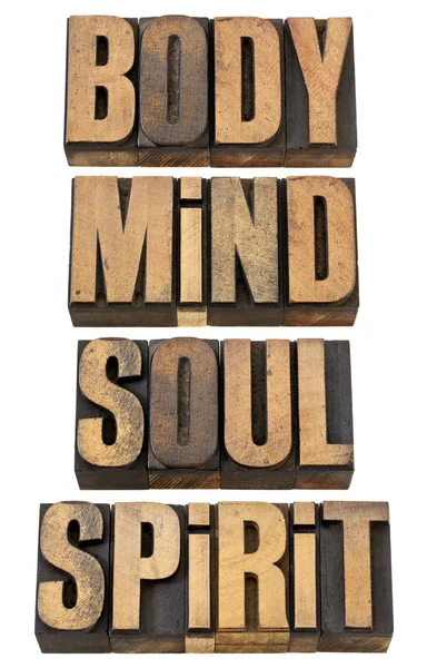 Body, mind, soull and spirit in wood type — Stock Photo, Image