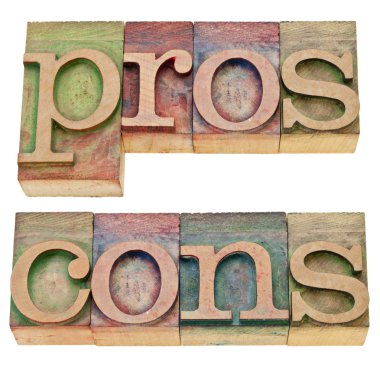 Pros and cons in letterpress type clipart