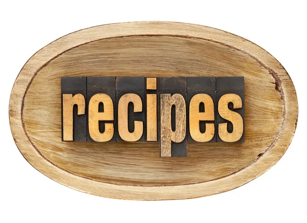 Palabra de recetas en cuenco de madera —  Fotos de Stock