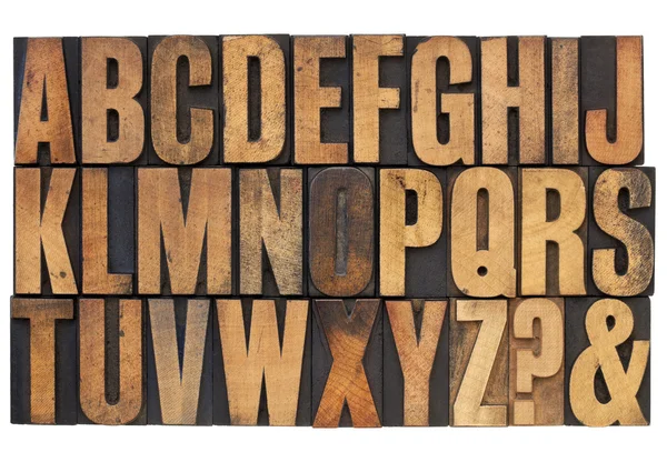 Alfabet w drewniane typ typografia — Zdjęcie stockowe