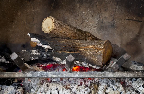 stock image Fireplace with burning wood logs