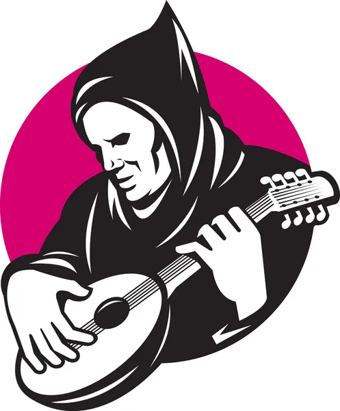 Человек в капюшоне играет на гитаре банджо — стоковый вектор