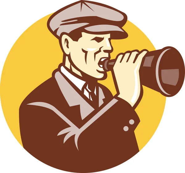 Άνθρωπος φωνάζει με vintage bullhorn ρετρό — Διανυσματικό Αρχείο