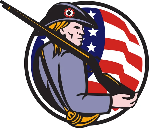 American Patriot Minuteman com espingarda e bandeira — Vetor de Stock