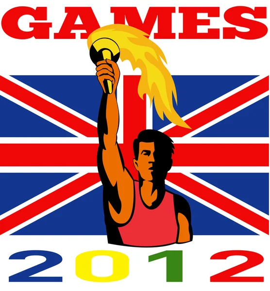 Spiele 2012 Athlet mit brennender Fackel Retro-britische Flagge — Stockfoto
