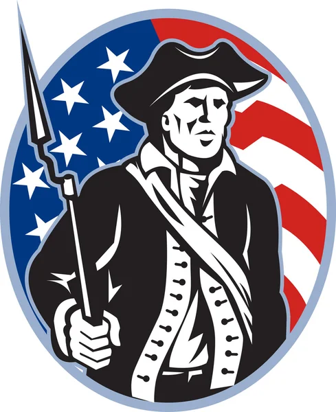 Amerikanischer Patriot Minuteman mit Bajonettgewehr und Fahne — Stockvektor