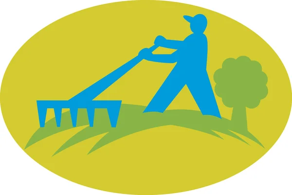 Jardineiro paisagista agricultor com ancinho — Vetor de Stock