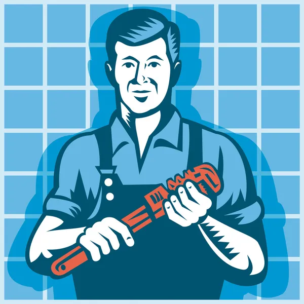 Travailleur plombier avec clé à molette rétro — Image vectorielle