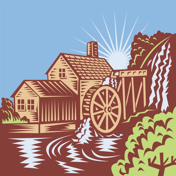 Water Wheel Mill House Retro — Stok Vektör