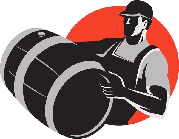Man Carrying Wine Barrel Cask Keg Retro — Stock Vector