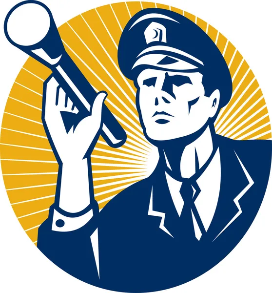 Gardien de sécurité policier avec lampe de poche rétro — Image vectorielle