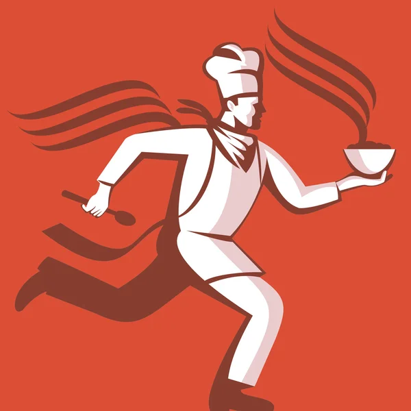 Chef Cook Baker correndo com tigela de sopa — Vetor de Stock