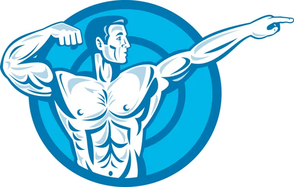 Bodybuilder Flexing Muscles Pointing Side Retro — Stock Vector