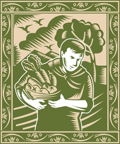 Органічний фермер з кошиком урожай культур Ретро — стоковий вектор