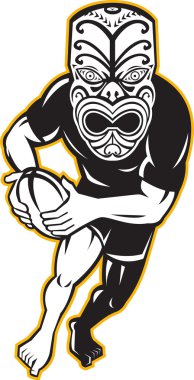 maori maske rugby oyuncusu topu ile çalışan