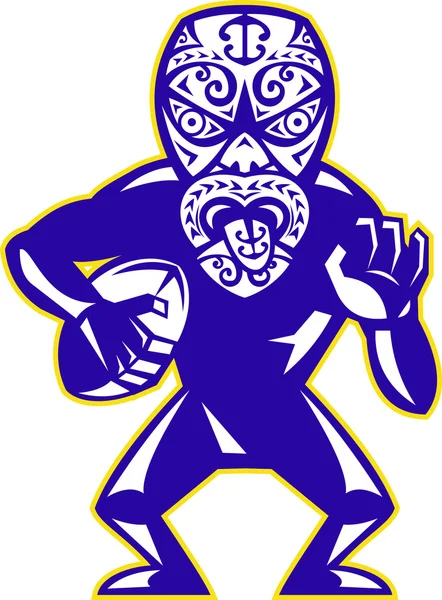 Maori Mask Rugby Player Running With Ball Fending — Stock Vector
