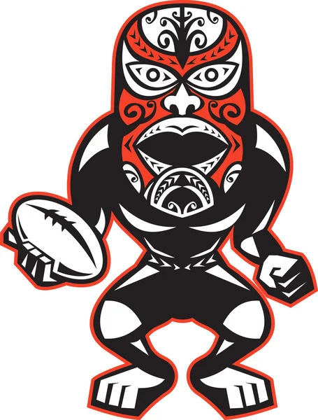 Máscara Maorí jugador de rugby de pie con bola — Vector de stock