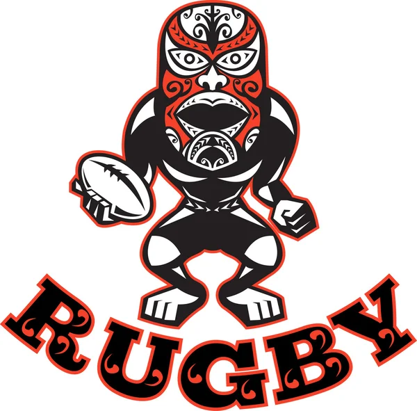 Maori Máscara Rugby Jogador de pé com bola —  Vetores de Stock