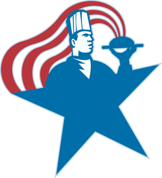 Koch Koch Koch Bäcker serviert heiße Speisen Sternenstreifen — Stockvektor