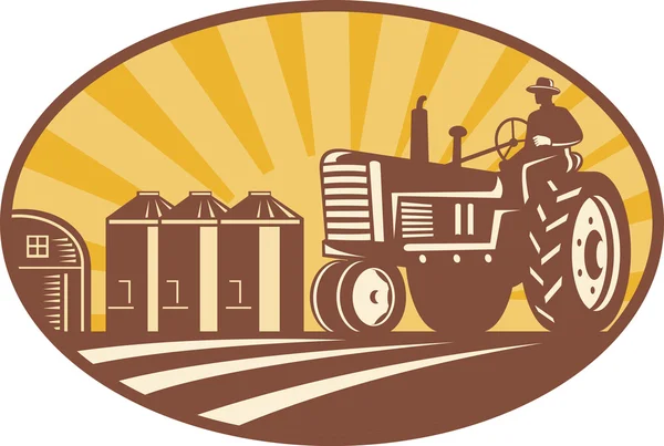 Agricultor manejando xilografía retro vintage tractor — Vector de stock