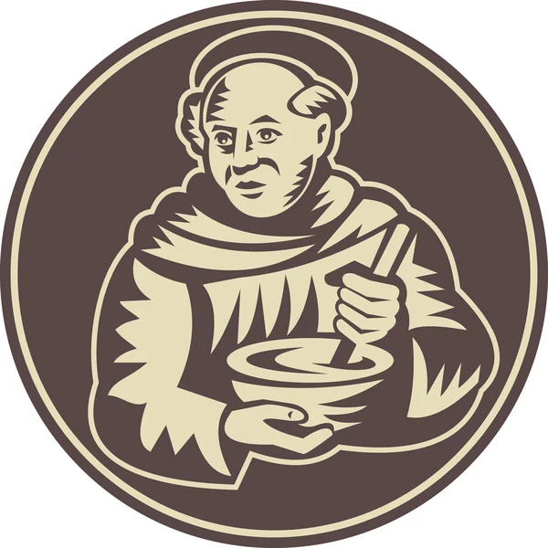 Friar Monk Cook Mixing Bowl Woodcut — Stock Vector